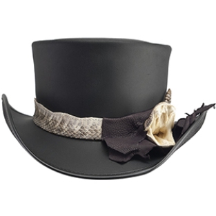 Not everyone is brave enough hunt rattlers and not everyone is brave enough to wear the RATTLESNAKE. Leave no doubt to your level of fearlessness and daring with this striking topper. The Pale Rider is handmade of the darkest black leather and made startlingly remarkable with its rattlesnake band. Don’t be surprised if the less courageous step back in fear, for this hat is not for the faint of heart.